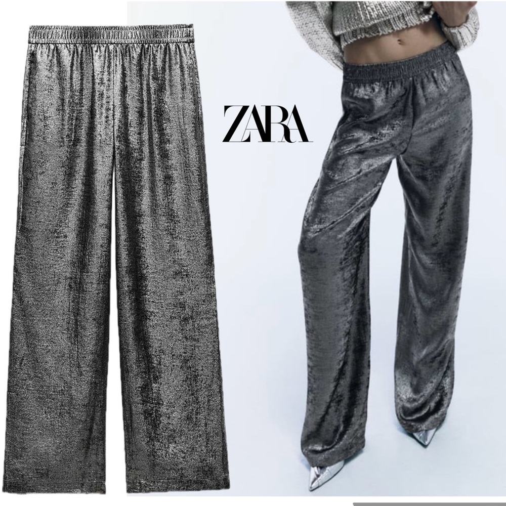 Zara silver metallic foil washed out mid rise loose fit straight leg pants Sz XS